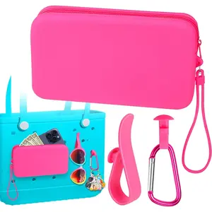 Silicone Wallet for Bogg Bag Phone Holder, Accessories Set for Bogg Bag Contain 2PCS Key Holder and a Large Capacity Silicone Zipper Bag for Beach Bags Tote Bag (Rosa).