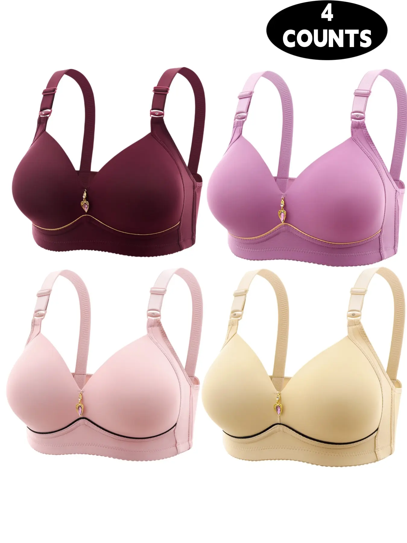 4-Piece Thin Women's Bra Set, Adjustable Straps, Lace Trim, Comfortable Breathable Wireless Bras, Full Coverage, Medium Support