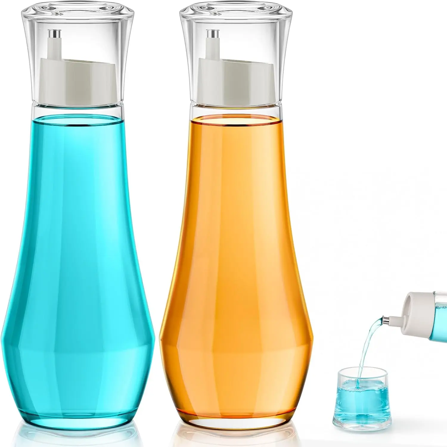 Glass Mouthwash Dispenser for Bathroom, 8.8OZ Mouth Wash Container Bottle with Lid Cup, Small Clear Refillable Mouthwash Dispenser Decanter for Countertop, Set of 2