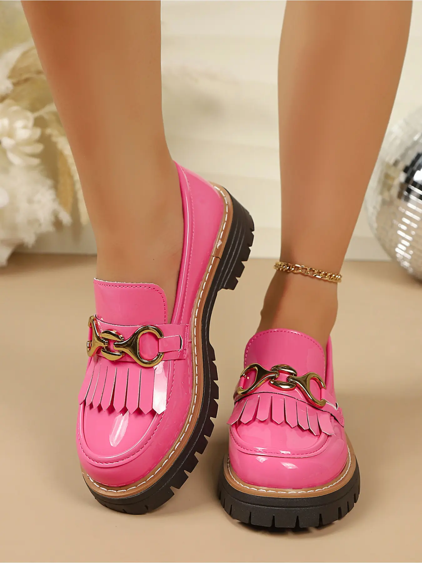 Daily Casual Office Walking Gloss Patent Tassel Horsebit Loafers Slip On Round Toe Thick Shock Absorbing Non Slip Chunky Lug Platform Sole Preppy Comfort Shoes