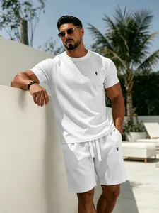 Men's Elastic Vertical Groove Casual Set, Solid Color Half Sleeve T-Shirt + Drawstring Shorts, Business Leisure Two-Piece