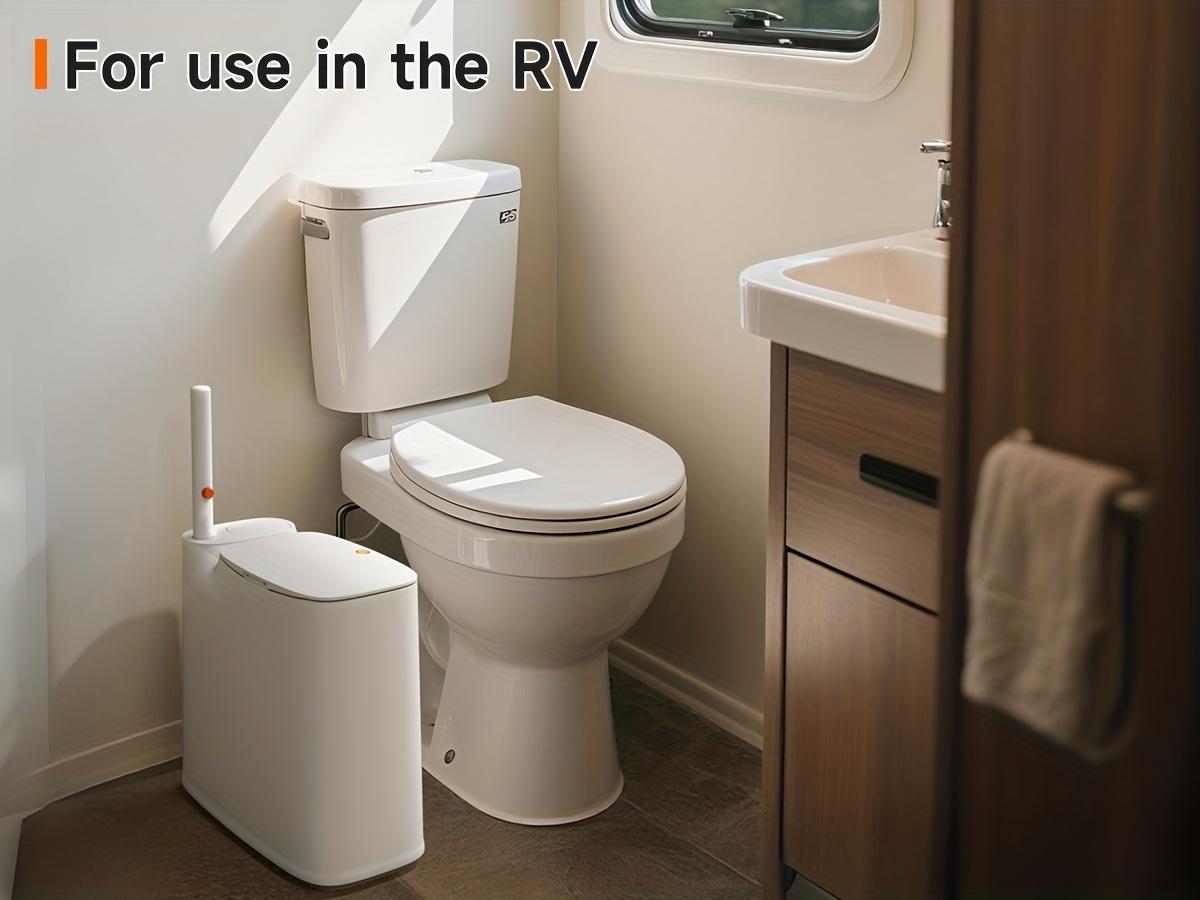 2-in-1 Trash Can With Toilet Brush And Brush Head |   White Rectangular Modern Bathroom Narrow Seam Trash Can With Push-On Lid, Disposable Toilet Brush, Ivory, Bathroom Decor And Accessories, Floor Mount, Plastic