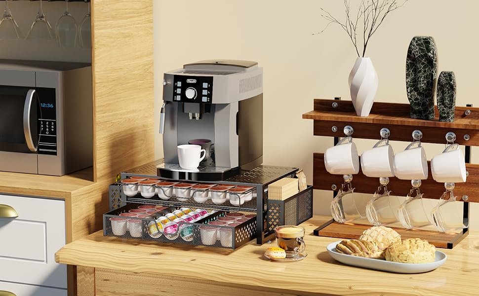 Simple Trending Coffee Pod Holder for K Cups 2 Tier Sliding Storage Drawer 63 Large or 80 Small Capsule Organizer Black Metal Frame 20D x 10W x 5.8H