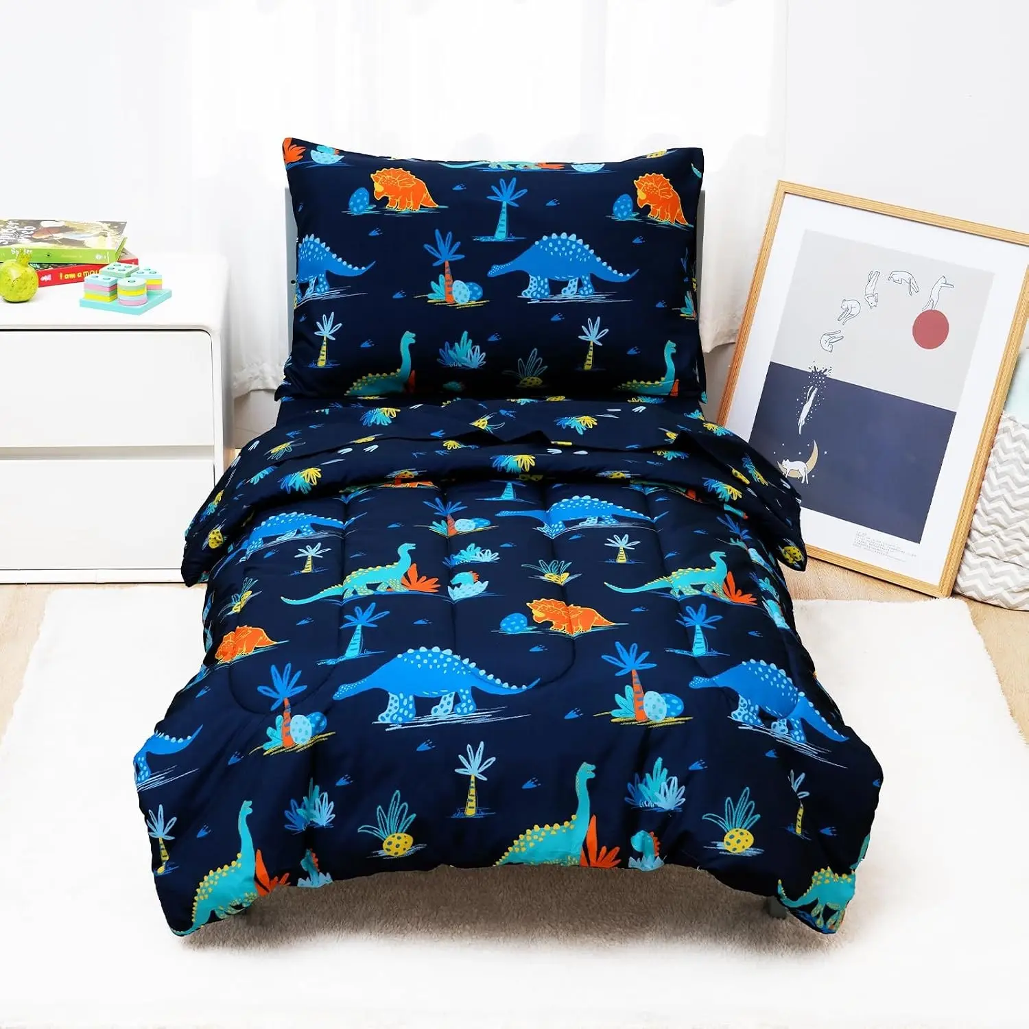 4-Piece Toddler Bedding Set - Quilted Comforter Included Softness Focused Set for Boys, Features Flat Sheet, Fitted Sheet, Pillowcase, Dinosaur Navy Design, Breathable Indoor Bedding