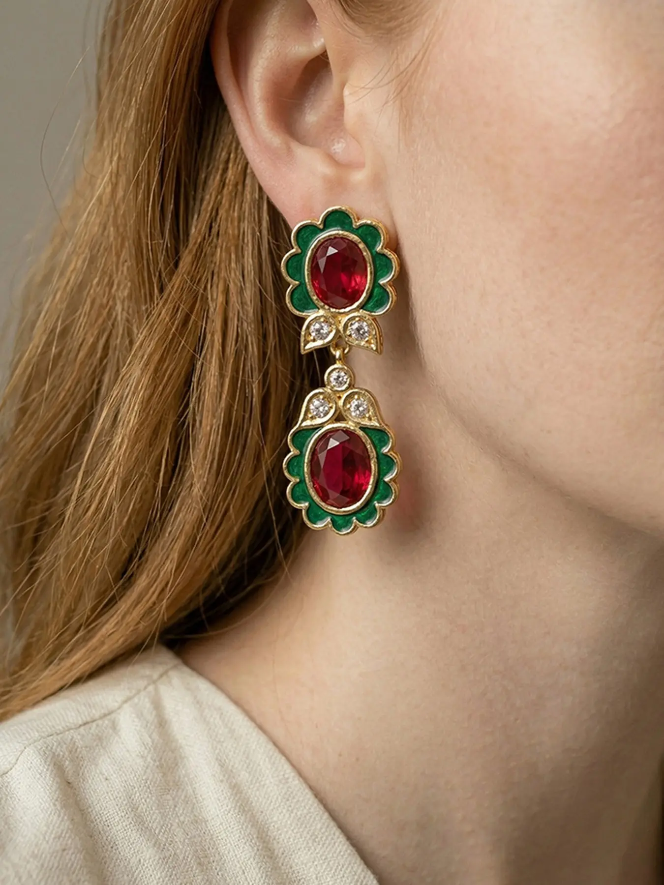 Vintage Retro Elegant Floral Double Drop Enamel Crystal Earrings Antique Gold Tone Hypoallergenic H65 Brass Green Enamel Border Oval Red Gem For Women Qipao Dinner Wedding Gift For Her