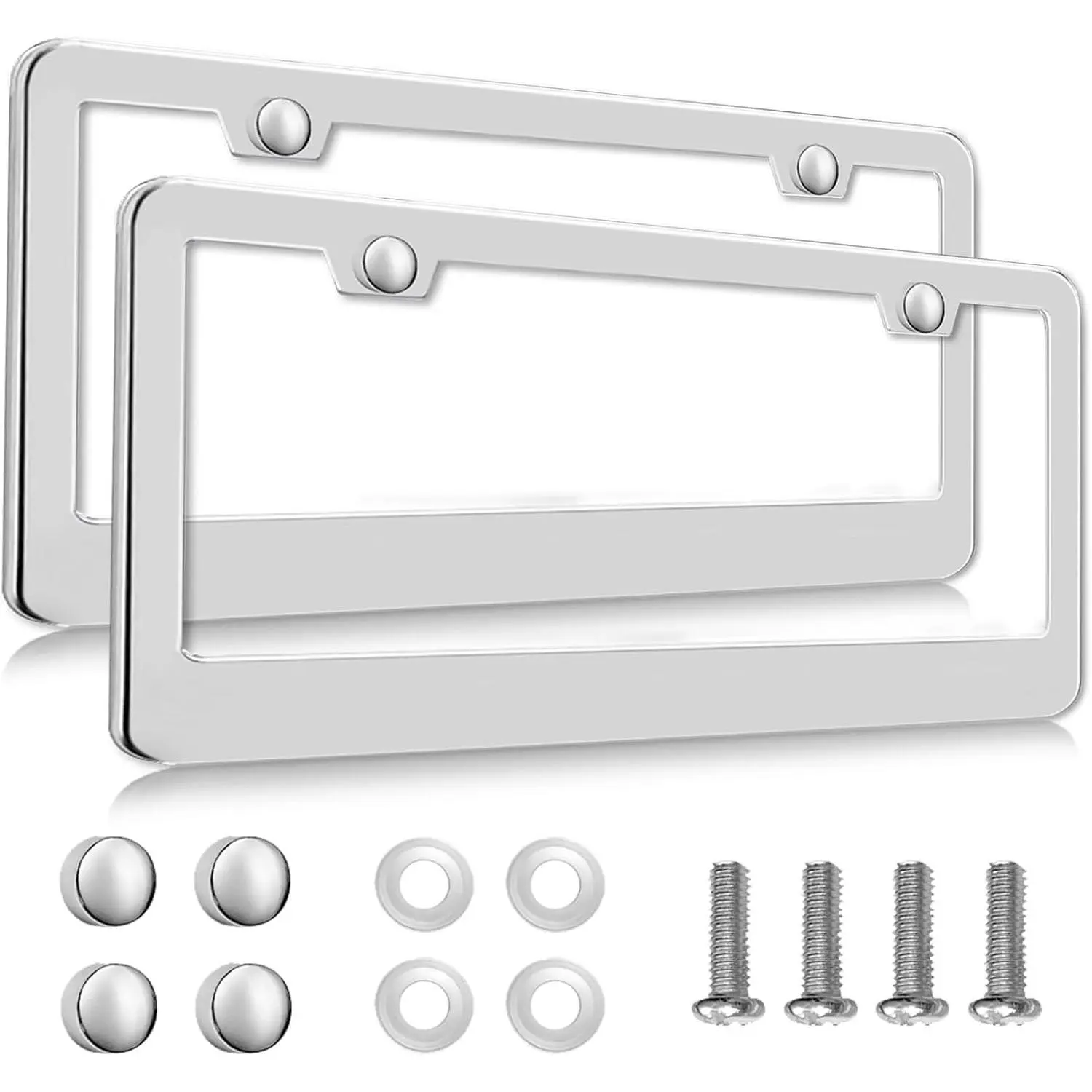 2 Pack Silver License Plate Frames, 2 Holes Rust-Proof Chrome License Plate Holder, Universal Car Stainless Steel Polish Mirror License Plate Cover for Women Man with Screws Caps