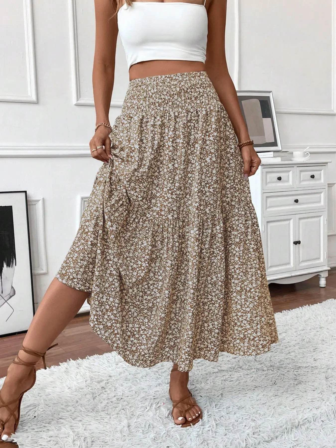 Women's Long Floral Boho Bohemian Midi Skirt, Floral Printed Skirt, Casual Elastic Waist, Summer Pleated High-Waisted A-Line Skirt, Perfect for Vacation and Office