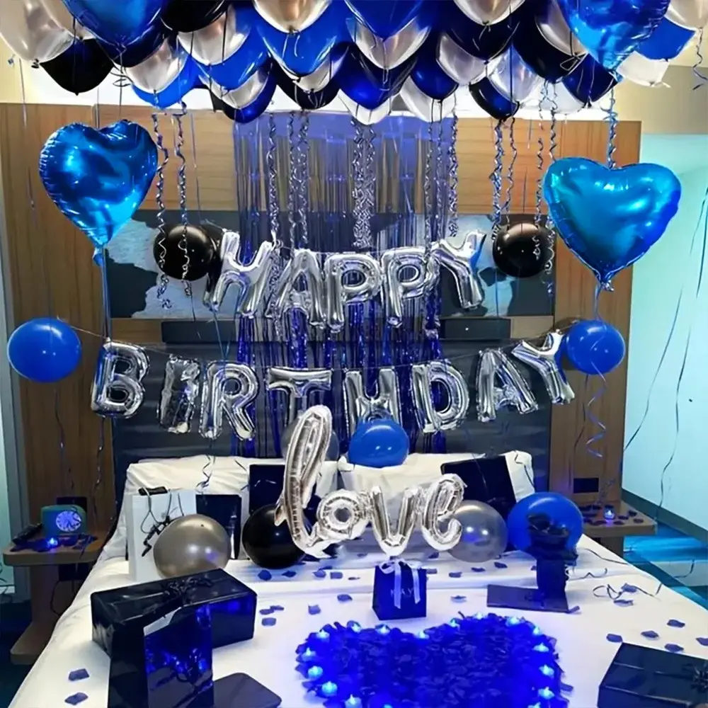 Blue Birthday Decoration Set, Non-Woven Petal, Happy Birthday Banner, Heart Aluminum Foil Balloons, Thick Latex Balloons, Magical Romantic Bedroom Decor