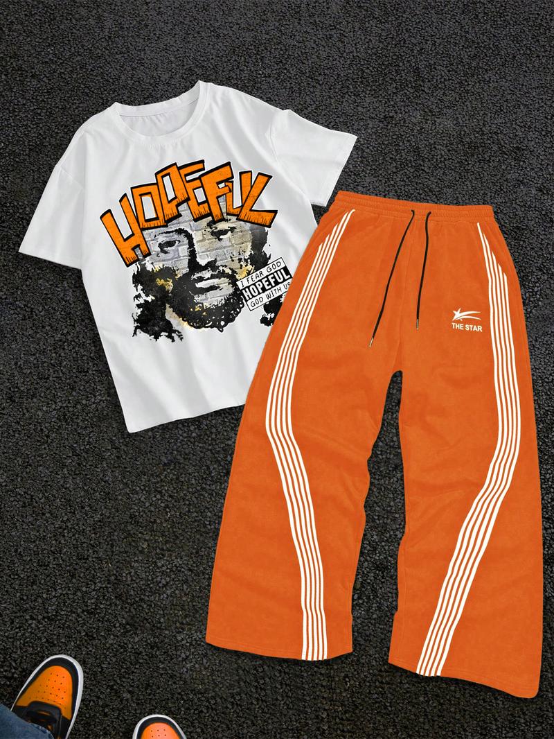 Men's Letter Print Short Sleeve Graphic Tee & Side Stripe Drawstring Waist Pants Two-piece Set, Regular Fit Round Neck T-shirt & Pocket Trousers, Casual Fashion Cozy Breathable Men Outfits for Spring & Fall