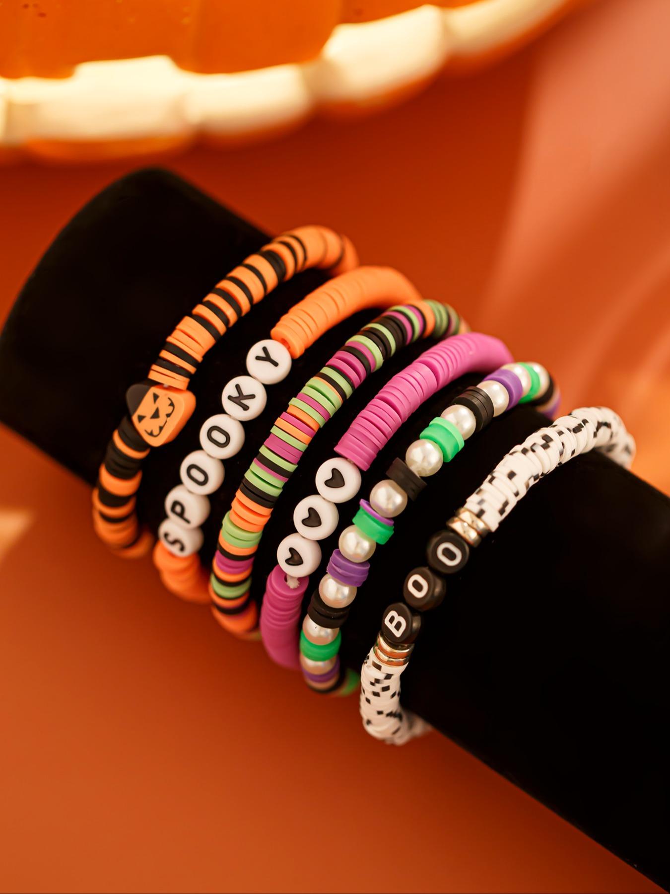 Halloween Party Gift Set, 6-Piece Colorful Soft Clay Bracelets, Acrylic Letter Pumpkin Ghost Design, Holiday Jewelry Accessories