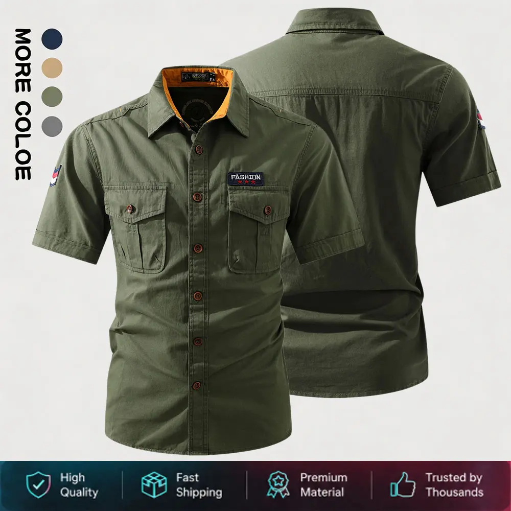 Men’s tactical work short-sleeve shirt — breathable summer loose fit with buttons, casual stylish design, multiple pockets, suitable for wearing over other garments