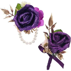 Purple Rose Boutonniere and Corsage Set - 2 Pcs Artificial Flowers Wrist Corsage and Boutonniere Kit for Men Wedding Prom Party, Anniversary Ceremony