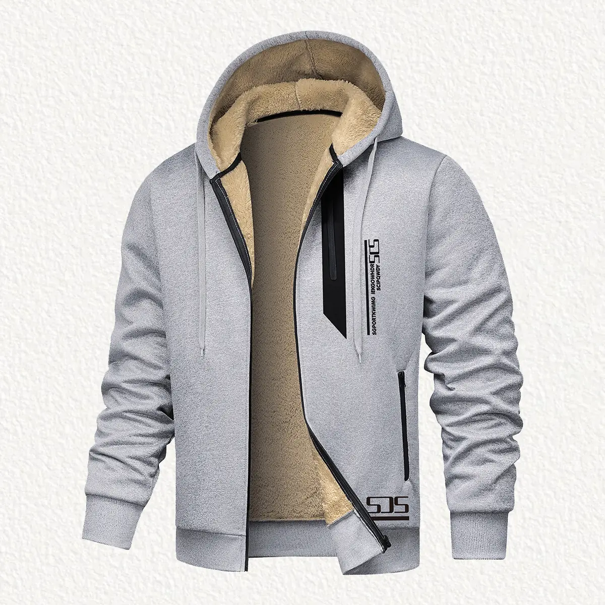 Men's Sherpa-Lined Zip-Up Hoodie - Plush Fabric Menswear, Stylish Classic Fleece Jacket with Secure Zipper Pockets, Heavyweight Wind-Resistant Thermal Outerwear for Fall Winter Daily Outdoor Work (100% Polyester, Graphic Print, Ribbed Cuffs & Hem), Long S