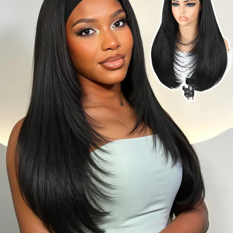 Layered Headband Wigs for Women, Straight Headband Wig, Heat Resistant Synthetic Hair, Highlight Layer, 24 Inch, Headband Style Wig