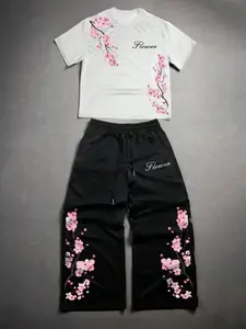 Men's Trendy Japanese Style Letter Cherry Blossom Print Set, Versatile Short Sleeve Top + Drawstring Streetwear Pants, All Season Wear