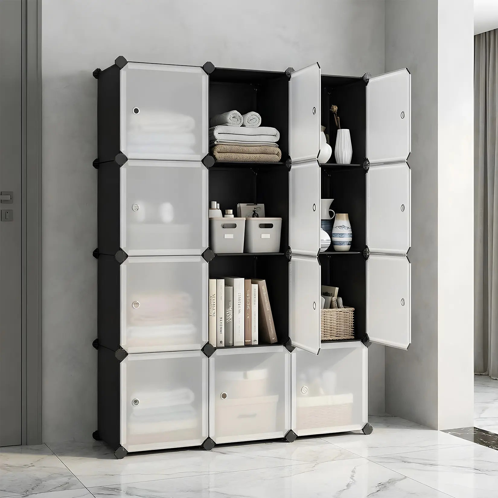 12 Cube Storage Closet with Translucent Door, Cube Clothes Organizer with Rails, Plastic Modular Bookshelf for Bedroom, Living Room, Office, Dorm, Entryway, Kids Room, Toy Storage, Home Organization