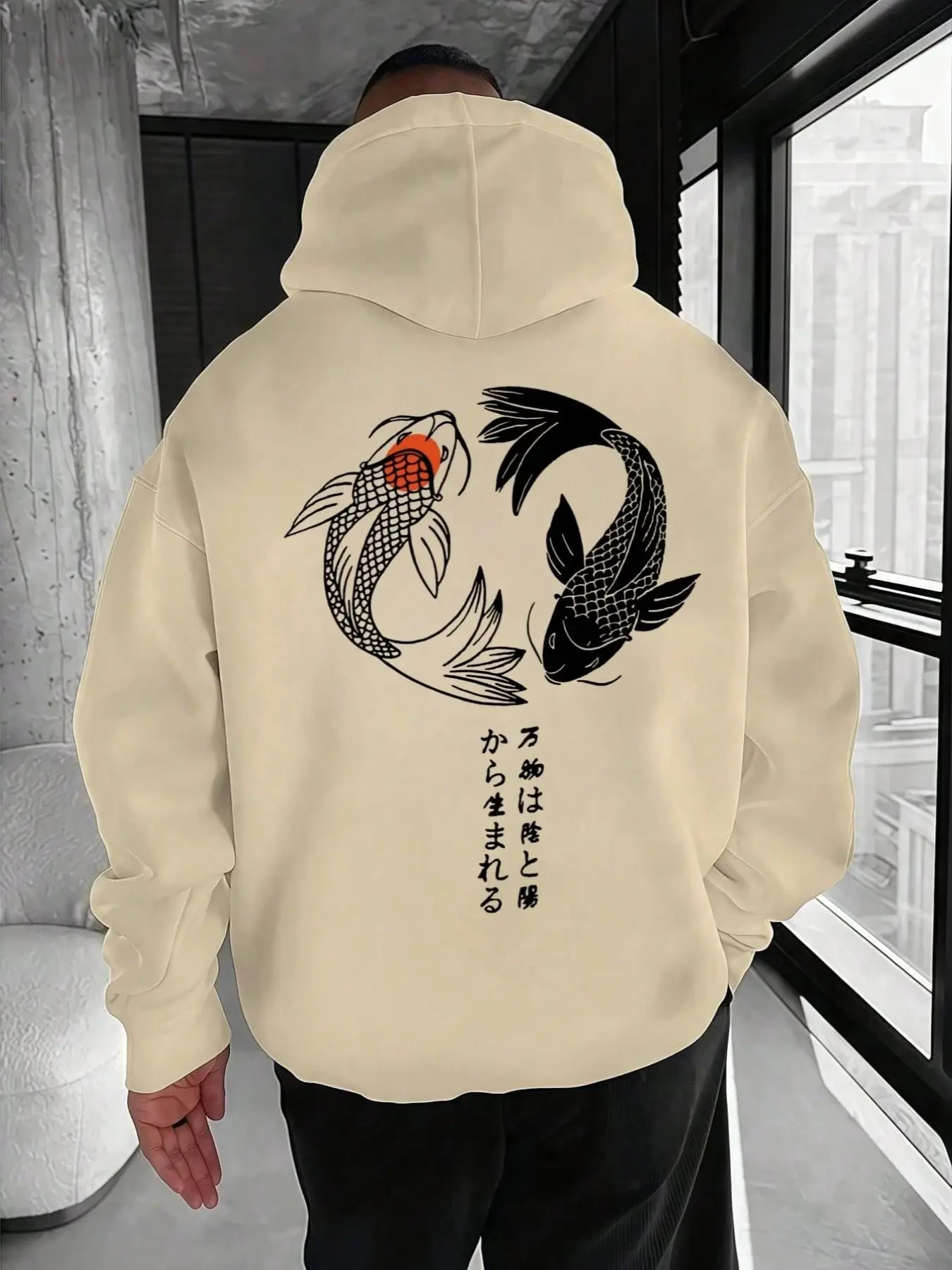 Loose Fit Hooded Sweatshirt, Thick Warm Fleece Fall Winter Jacket, Fish Print Back, Drawstring Pocket, Unisex Streetwear