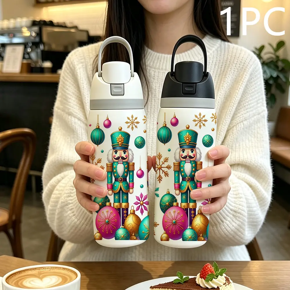 32oz 304 Stainless Steel Vacuum Insulated Tumbler, Christmas Nutcracker Print, With Handle and Straw, Double Drinking Mouth, Fits Car Cup Holder, For Daily, Office, Travel and Outdoor, Christmas Gift