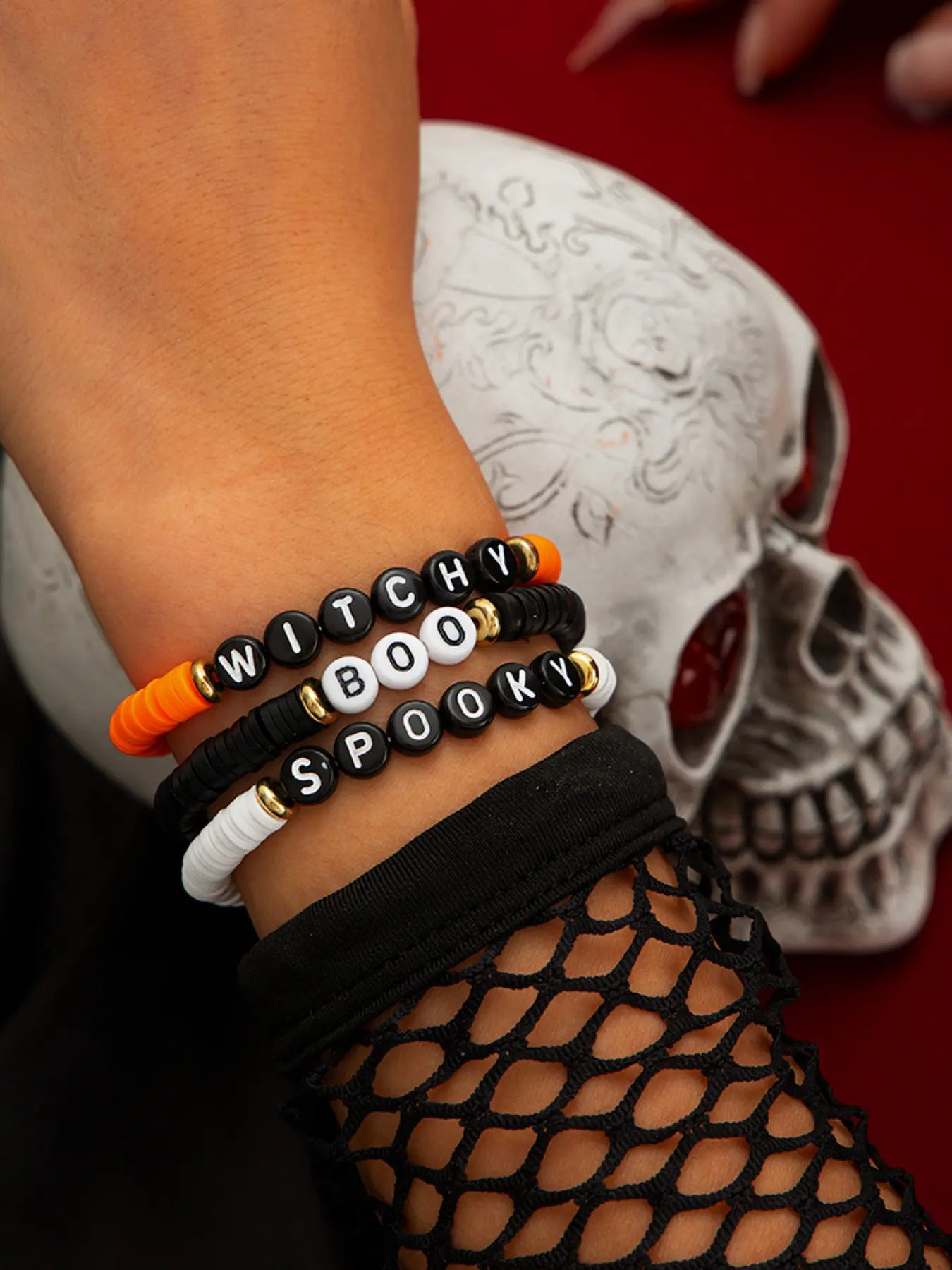 Halloween Stretchy Beaded Bracelets Set, Colorful Charms, Boo Spooky Witchy Letters, Party Daily Wear Gift