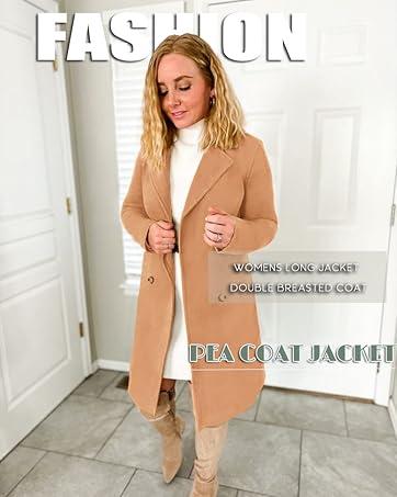 Yousify Womens Notched Lapel Collar Double Breasted Pea Coat Winter Wool Blend Over Coats Long Jackets