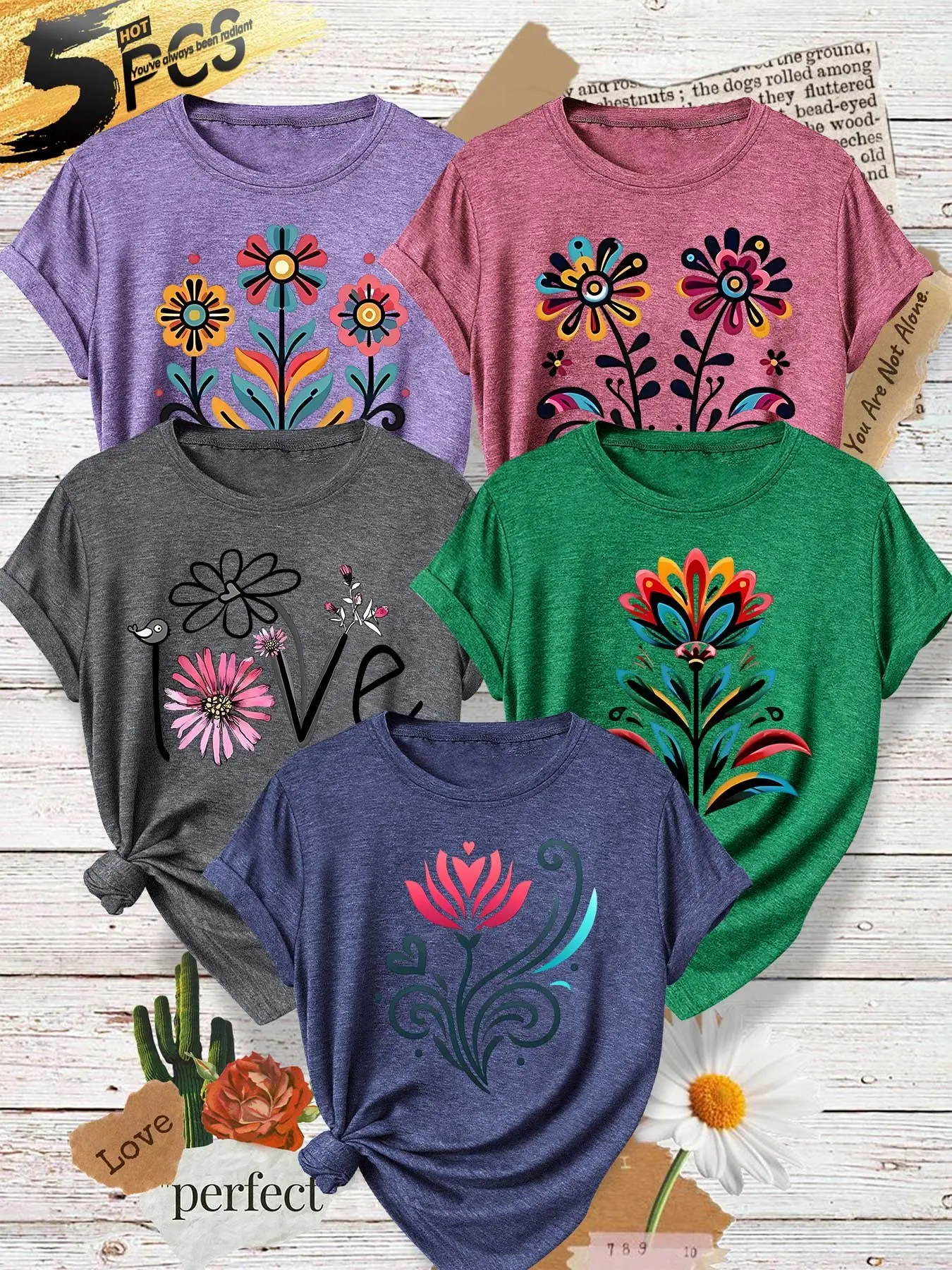 Five-Piece Women's Round Neck T-Shirts, Ethnic Painted Retro Floral Print, Multiple Colors, Soft and Comfortable, Spring Summer Fashion Tops