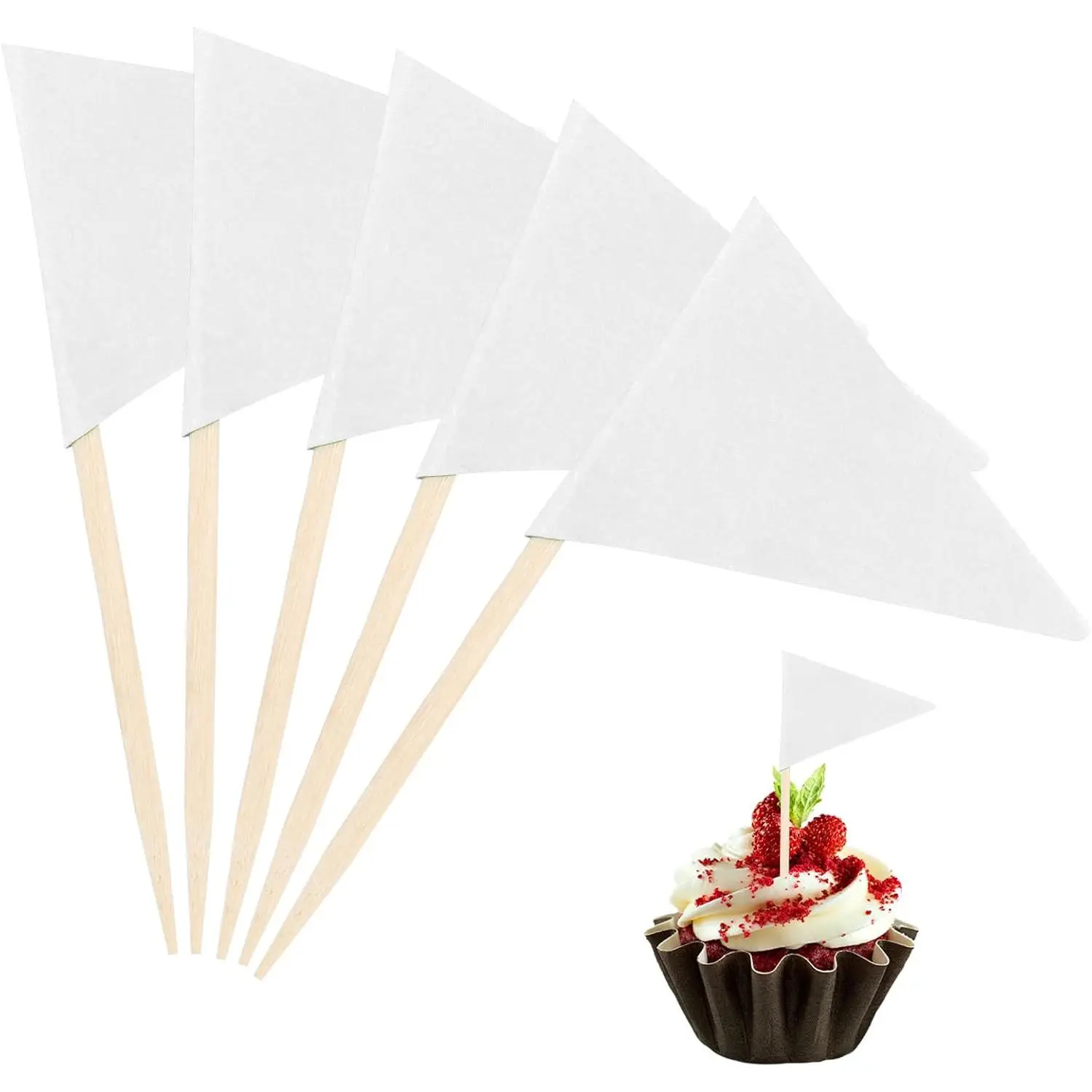 100 count Toothpick Flags Mini Small Plain White Triangle Stick Golf Cupcake Toppers Sticks Blank Flag Fruit Cheese Markers Flags for Wedding Party Buffet Appetizers Dessert DIY Decoration Solid White