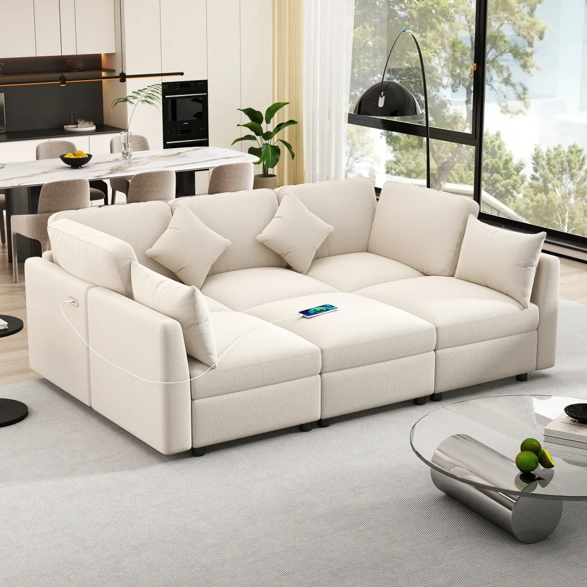 [Bellemave] 86.6" Sectional Sofa Modular Sofa U-shaped Sofa Couch Sofa Bed L-shaped Sofa with a Movable Ottoman and Two USB Ports for Living Room