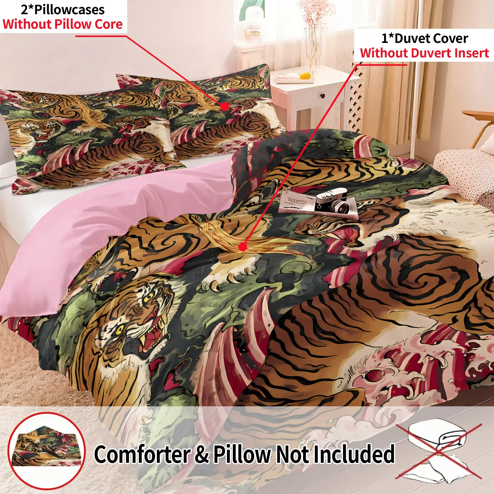 3PCS Retro Tiger Floral Tiger Floral Duvet Cover Set,1 Duvet Cover+2 Pillowcases No Filling,Vintage Oriental Tiger and Flower Art Print Bedding,Printed Bedding Set,Soft Breathable Microfiber Bed Linen for Adults Teens,All Season ,Gift for Tiger Art Lovers