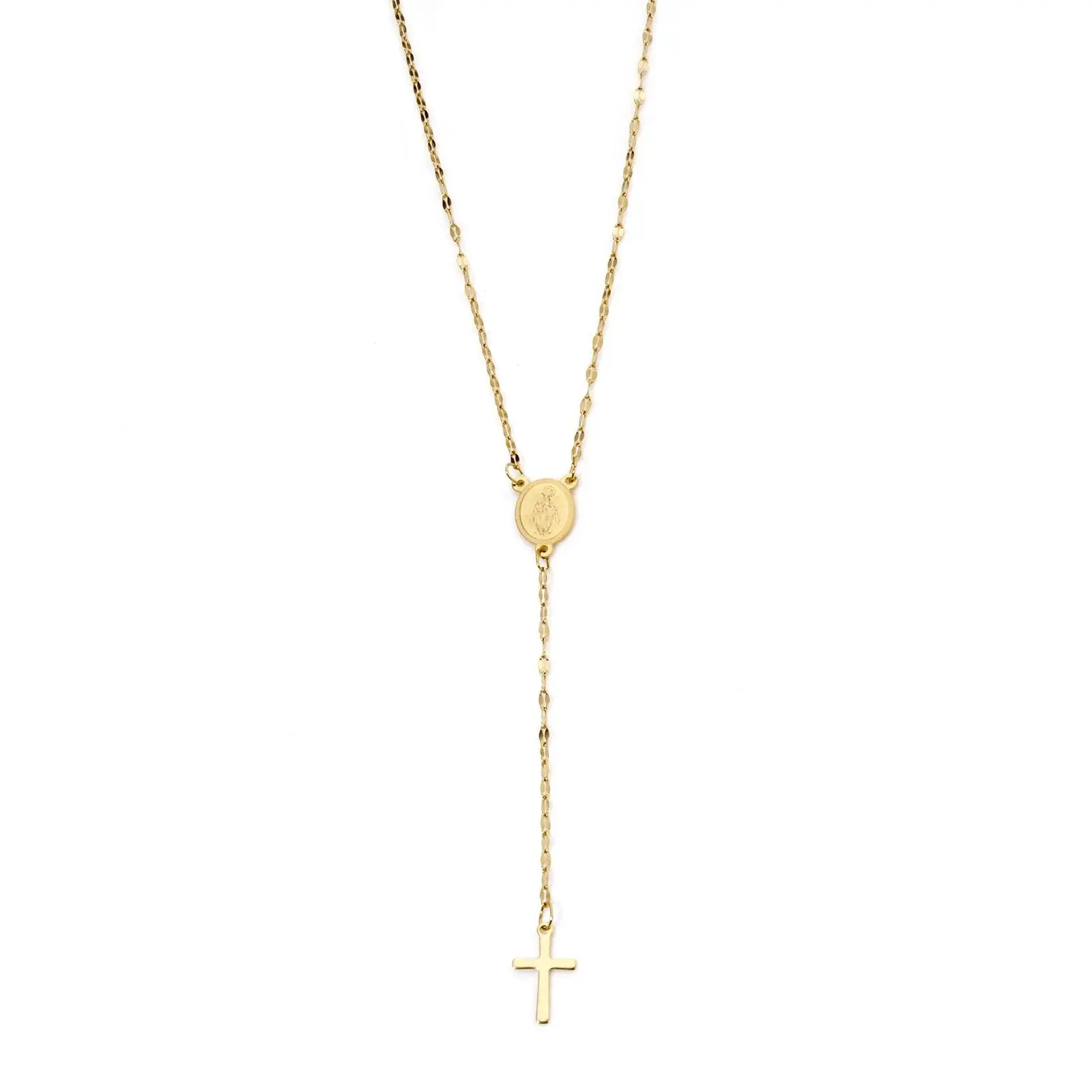 1 Piece 304 Stainless Steel Lips Chain Prayer Beads Rosary Necklace 18K Gold Plated Cross Virgin Mary 46cm(18.1") long