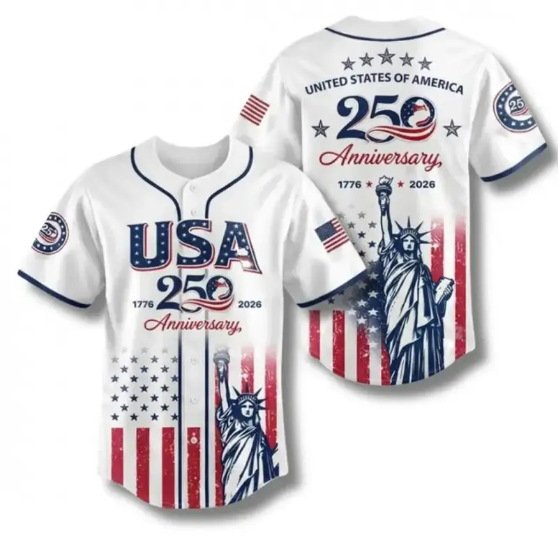 USA 250th Anniversary Baseball Jersey, Patriotic Statue of Liberty Print Shirt, Unisex Independence Day 4th of July Outfit, 1776–2026 Semiquincentennial Patriotic Jersey