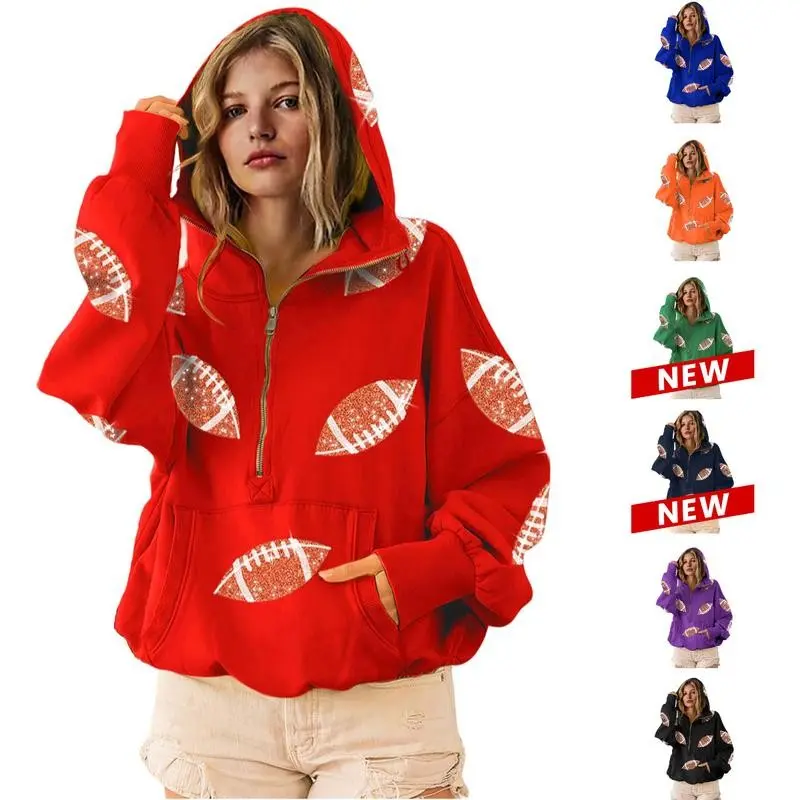 Women's Game Day Sweatshirts Football Sequin Long Sleeve Zipper Hoodies with Pocket Cotton Material Adjustable Drawstring Hooded Collar Front Kangaroo Pocket Casual Womenswear