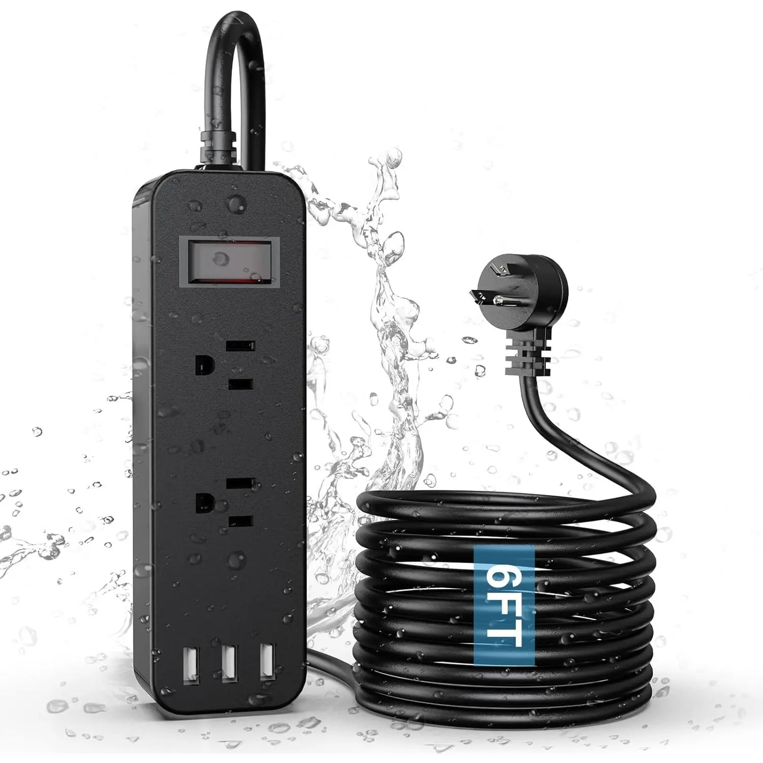 Outdoor  Power Strip with 2 Outlets 3 USB Ports, 6FT Flat Plug Extension Cord, Surge Protector, Mountable for Garden Bathroom Kitchen, Black