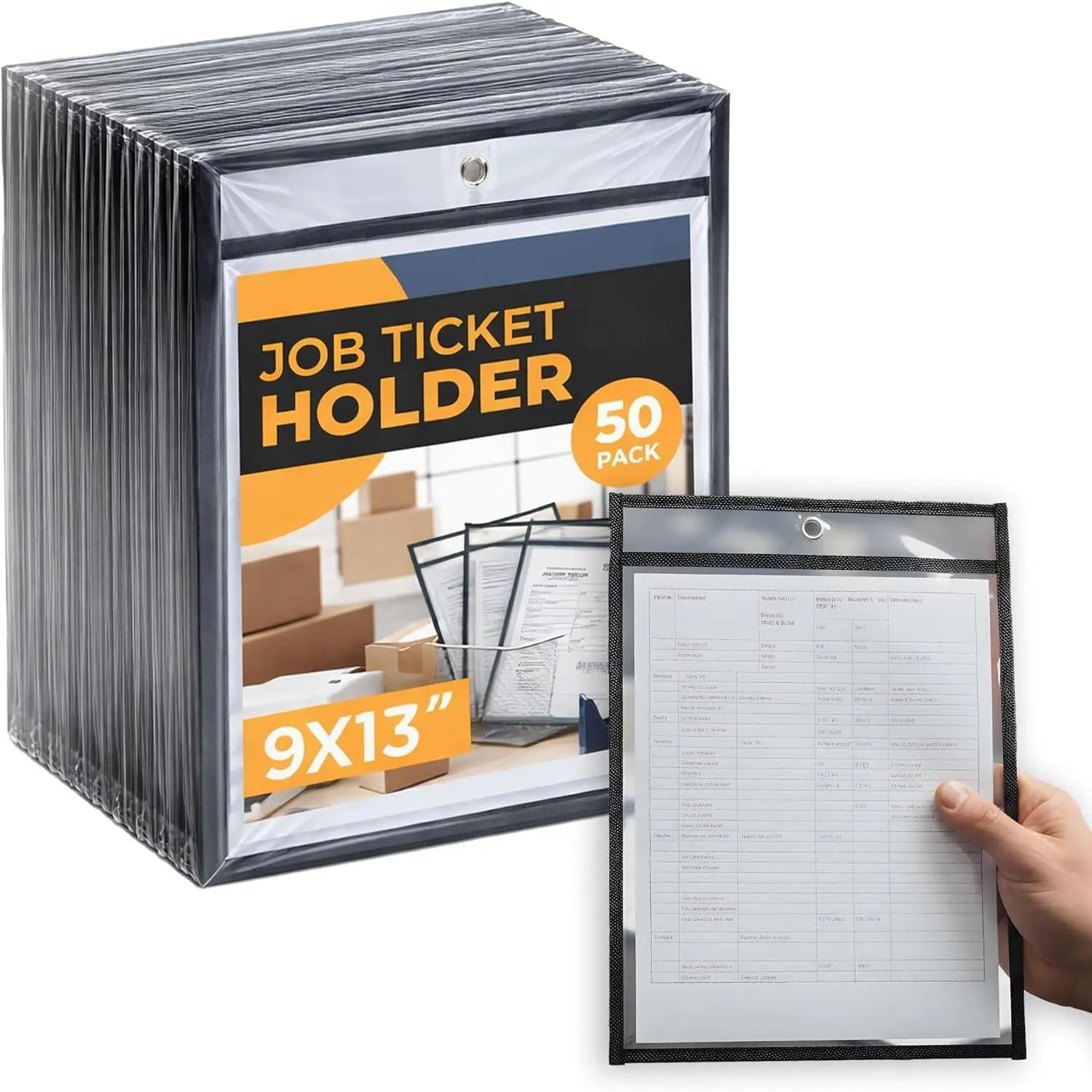 Pack of 50 Heavy Duty 10x14 Job Ticket Holders, Clear & Black Plastic Sleeves for 8.5 x 11 Letter Size, Hanging Document Sleeves