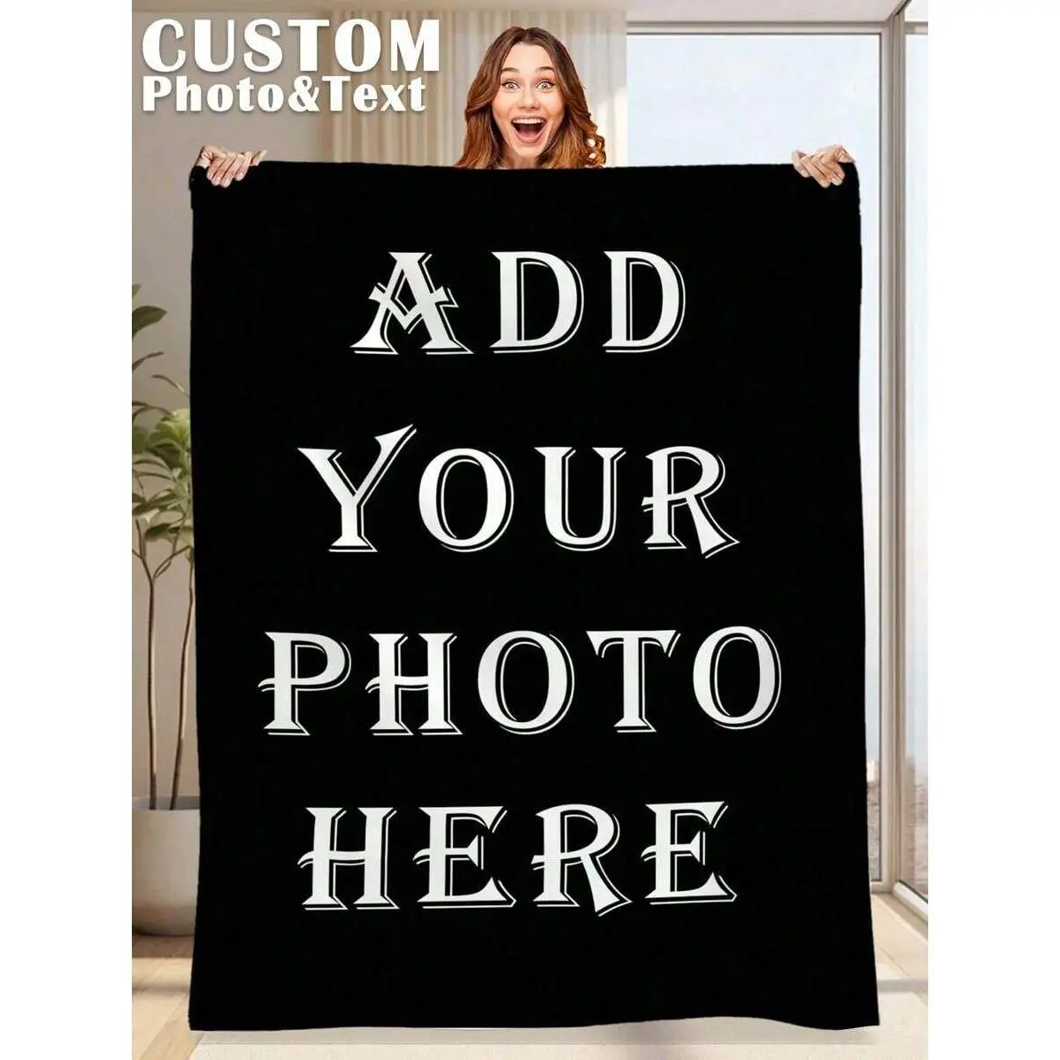 Custom Full Black Photo Blanket with Text, Personalized Flannel Throw Blanket, Soft Cozy Memory Gift for Couples Family Pet, Anniversary Birthday Keepsake Blanket for Couch Bed Bedroom Decor