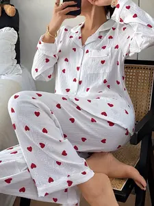Women's Valentine's Day Bubble Heart Sleepwear Set, Long Sleeve Pajamas, Casual, Button, Home Wear, Loungewear, 2 Piece Suit, Comfortable Nightwear, Fit