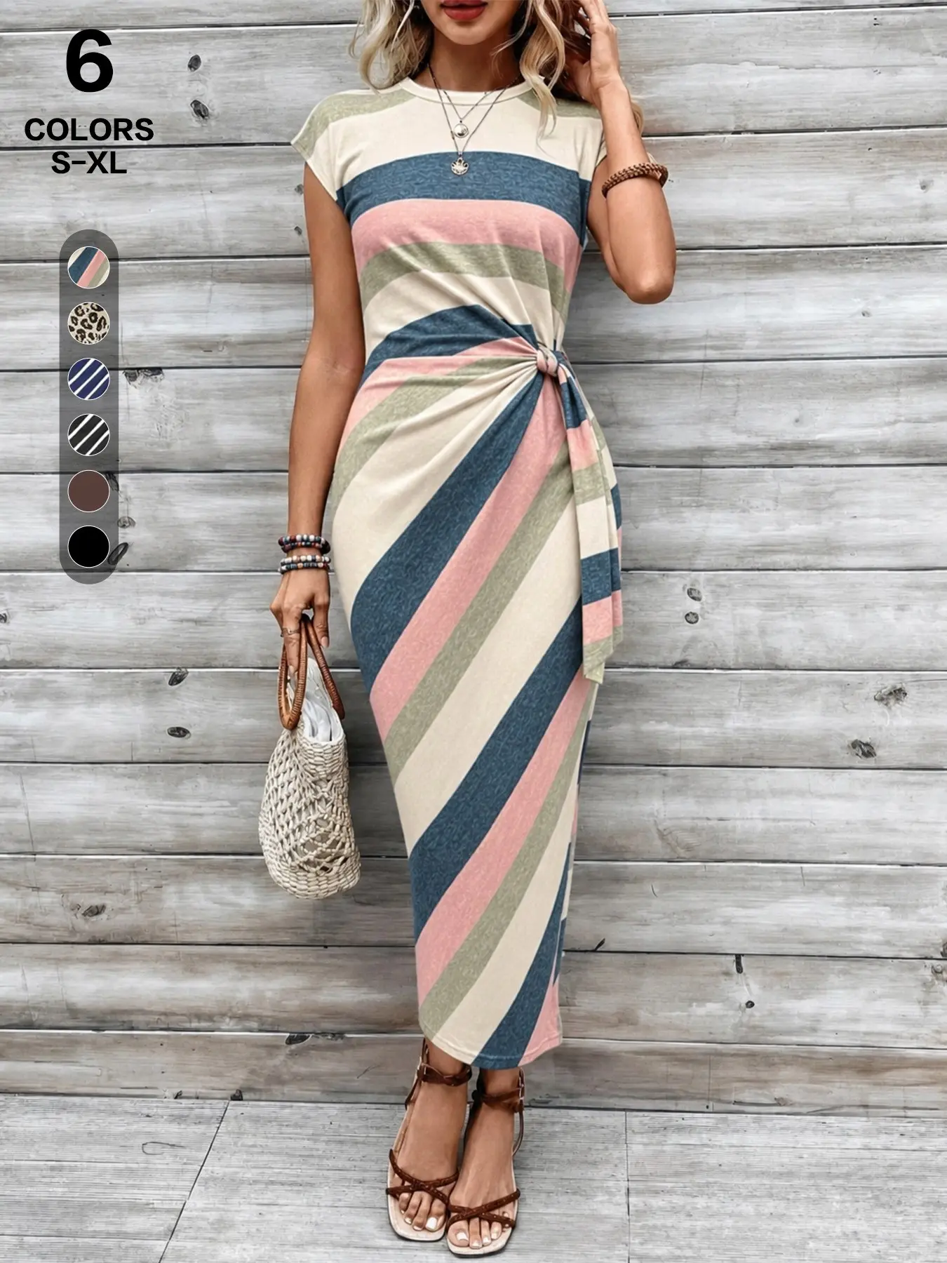 Summer Fashion Twist-Front Midi Print Dress | Short Sleeve Ruched Waist Maxi | Elegant Urban Loungewear for Home & Vacation