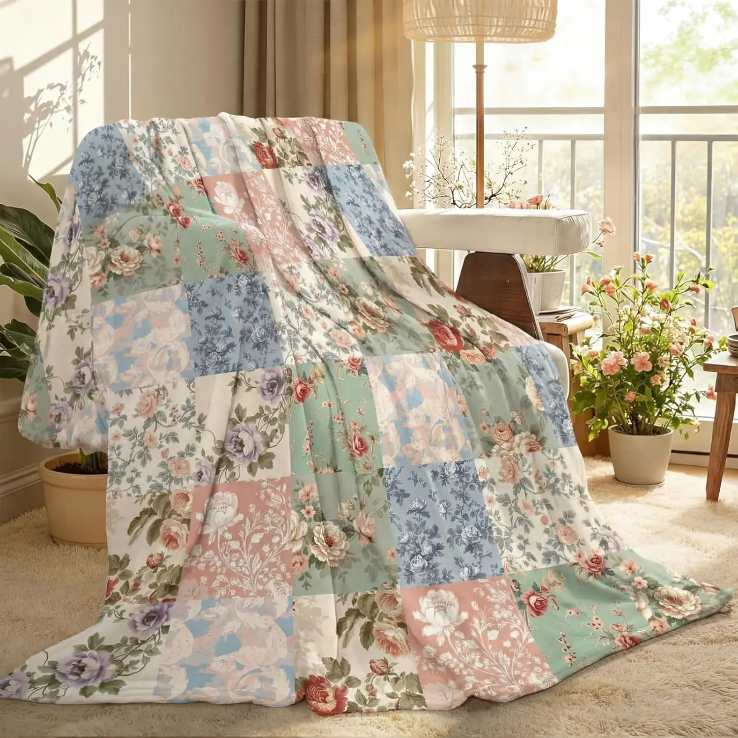 【Summer Sale】Bohemian Pastel Patchwork Floral Throw Blanket - High-Density Flannel, Ultra Soft, Wrinkle-Resistant, Durable, Foldable, Multi-Size, Machine Washable, 80x60in (Big for Adults), Floral Bedding for Family Couch/Bed, Birthday Gift for Friends