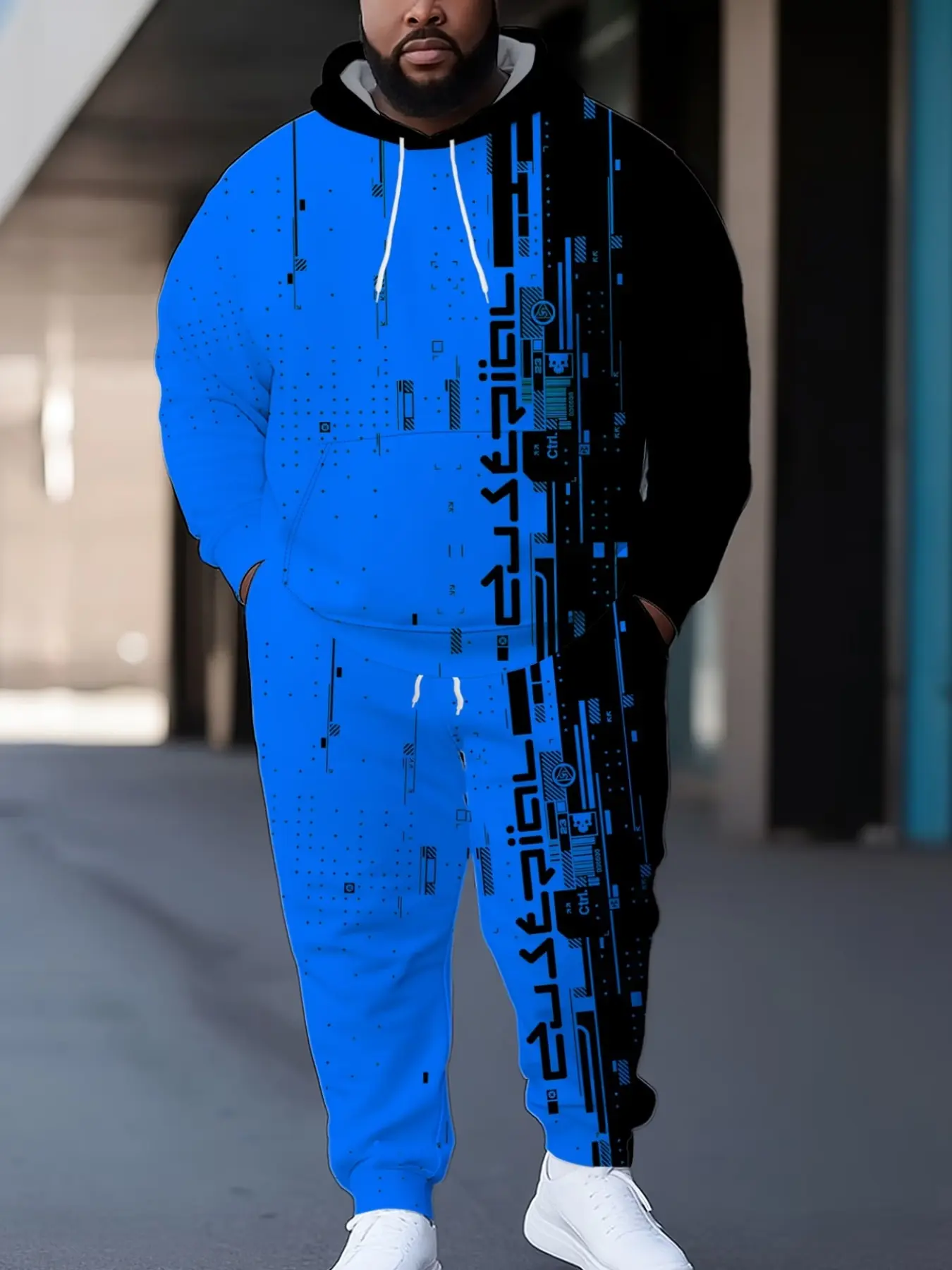 Plus Size Men's 2-Piece Set, Blue Vertical Letter Cyber Sweatshirt and Pants, Bright Blue Particle Patch Full Print Hooded Set
