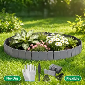 16FT EasyFlex No-Dig Landscape Edging with Anchoring Spikes, 20PCS Kit, Decorative Stone-Look Garden Border, Flexible Bendable For Flower Beds Pathways Tree Rings Garden Yard Lawn