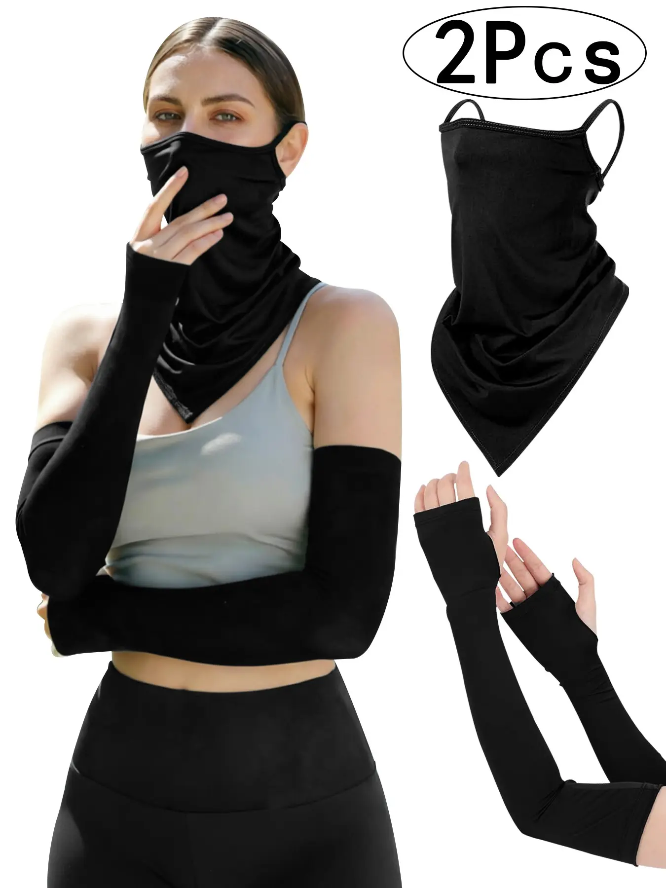 Protection Neck Gaiter Sun Arm Sleeves Set, Cooling Effect Face Neck Mask and Compression Sleeves to Cover Arms Women (black)
