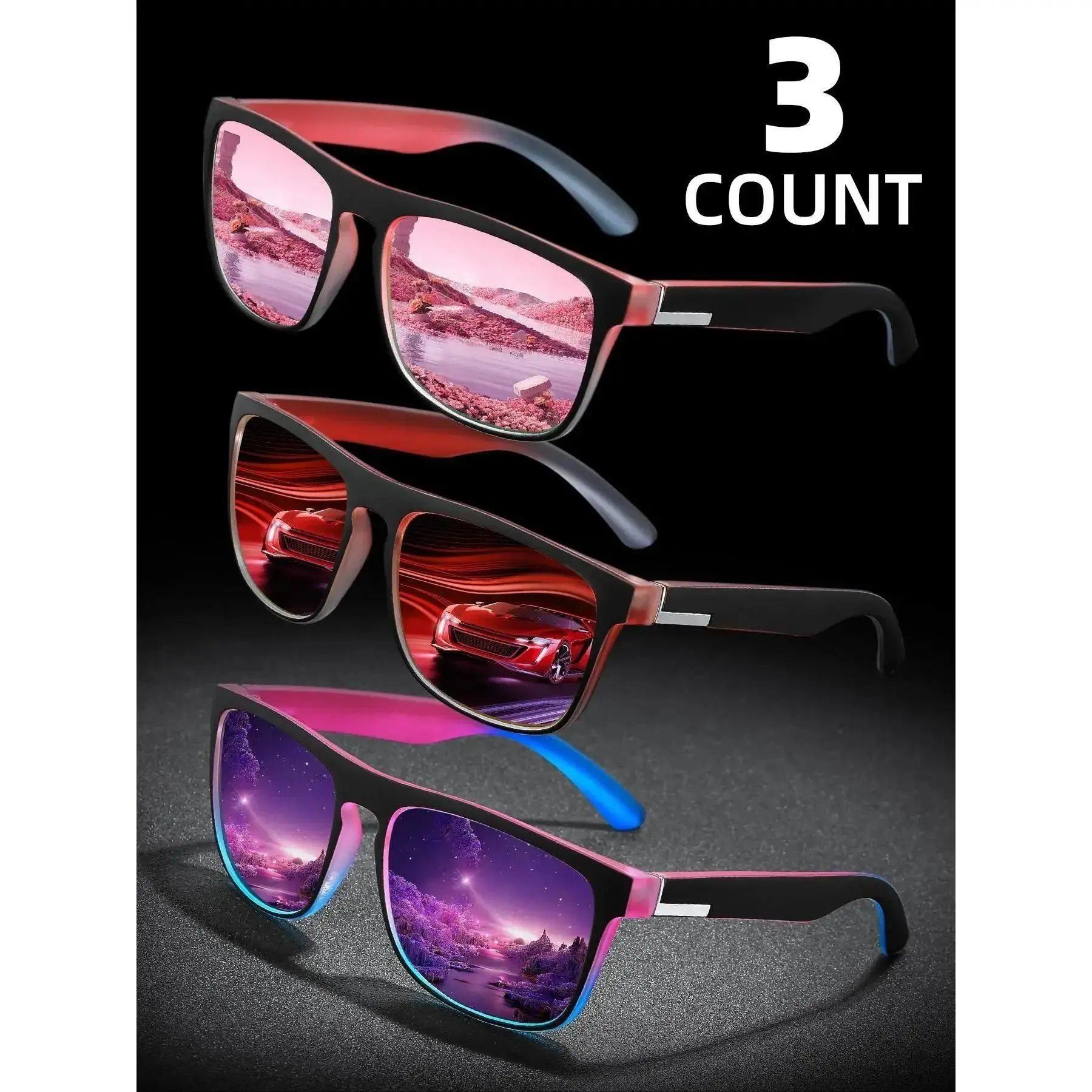 XUH 3-Pack Unisex Polarized Sunglasses Set, One Size Multicolor Sporty Square Frames with Tinted Lenses, Lightweight Durable UV400 Stylish Eyewear, Versatile Shades for Daily Wear, Driving, Cycling & All Outdoor Activities