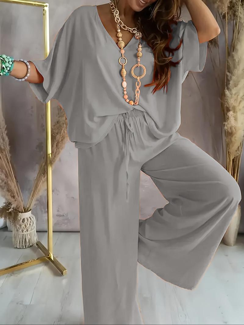 Women's Solid V Neck Tee & Wide Leg Pants Loungewear Two-Piece Set, Casual Comfy Short Sleeve T-Shirt & Trousers PJ Set, Ladies Sleepwear for Summer, Pajama Set