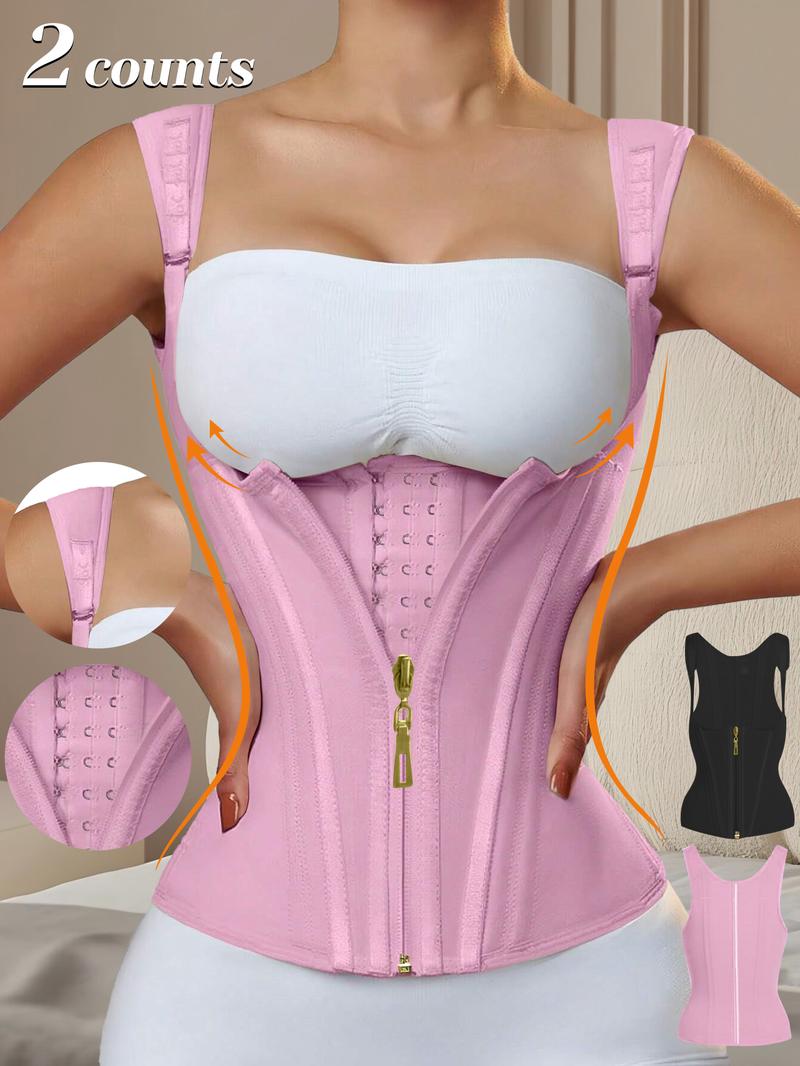 Women's Solid Color Zipper Hooks Waist Trainer Corset, Tummy Control Shapewear Tops, Adjustable Hooks Body Shaper for Women, Firm Tummy Control