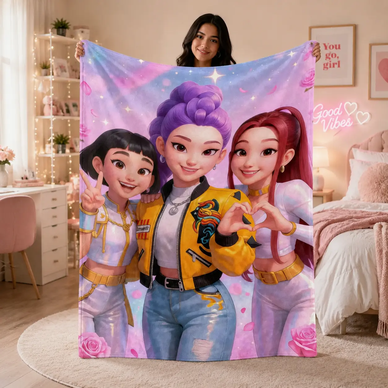 K-Pop Hunterx Anime Print Flannel Plush Blanket - Soft, Comfortable, Lightweightm Breathable Nap Blanket for Home, Sofa, Netflix Fans, Ideal Gift for Bedding & Linens Use Themed