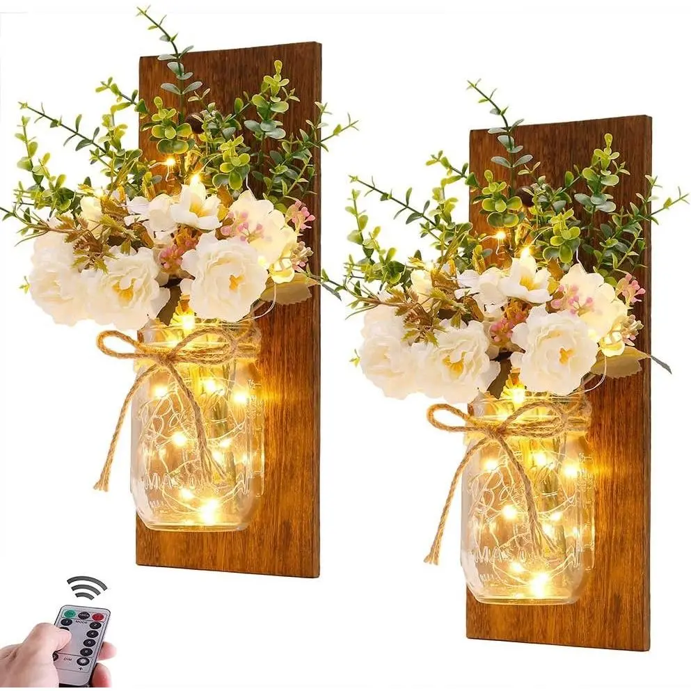 Rustic Mason Jar Wall Sconces Handmade with Remote Control LED Fairy Lights and White Peony, Farmhouse Wall Decor for Living Room, Set of 2