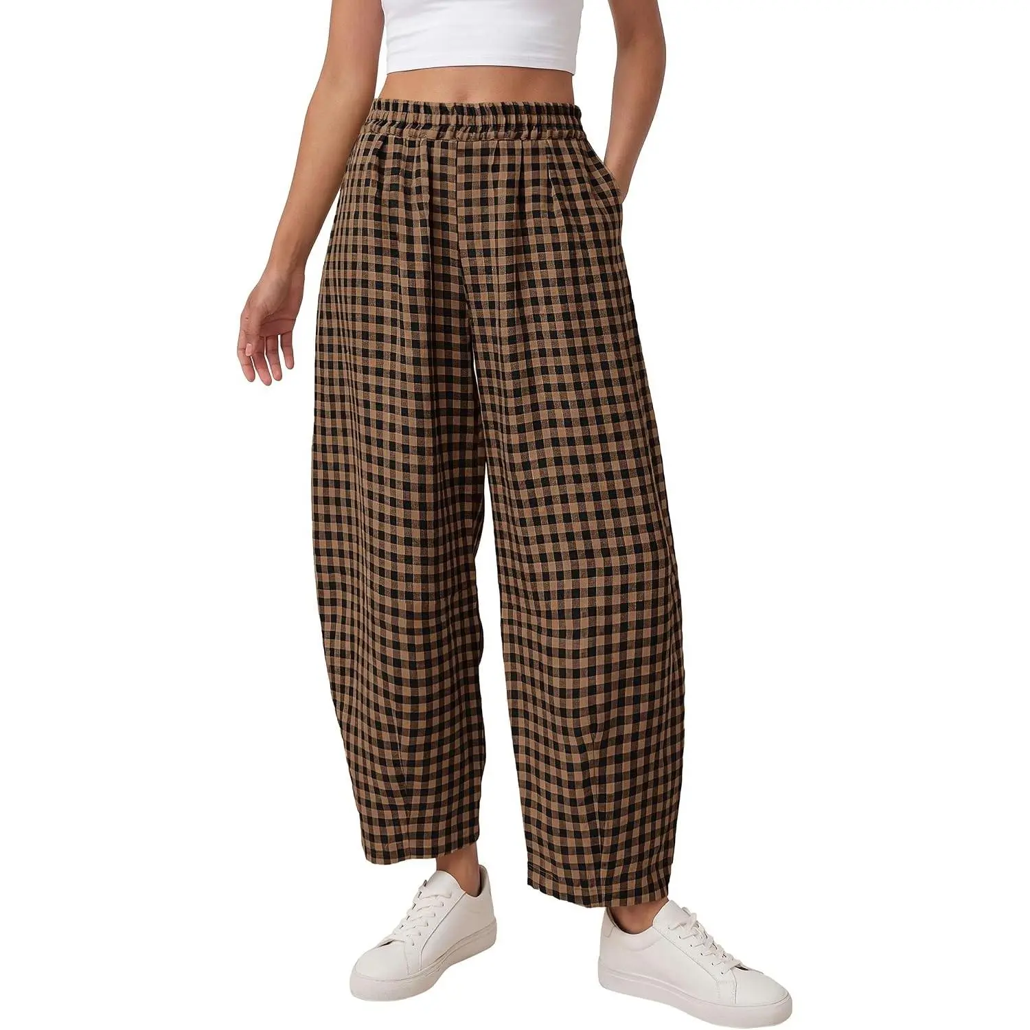 Plaid Barrel Pants Women Summer 2026 Casual Loose Wide Leg Lounge Gingham Trousers Spring Fashion Beach Bottoms