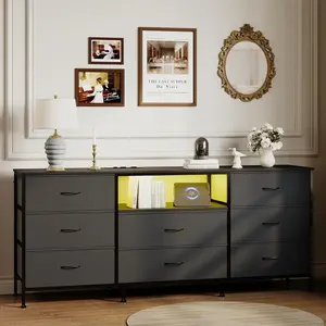 63" w LED TV Stand Dresser with 8 Fabric Drawers, Dressers & Chests of Drawers TV Stand with Storage for 65", 70", 75" TV, Steel Frame & LED Lighting, Bedroom Furniture & Living Room Organizer