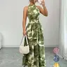 Elegant Boho Chic Olive Abstract Print Halter Sleeveless High Waist Long Dress, Womenswear, Flowy Fabric, Perfect for Vacation and Dinner Parties, Elegant Summer Dresses