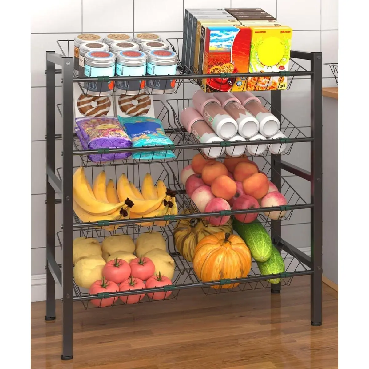 4-Tier Freestanding Fruit and Vegetable Storage Rack with 8 Removable Baskets, Snack Stand Shelf, Small Kitchen Island Organizer for Pantry Floor, BlackGift