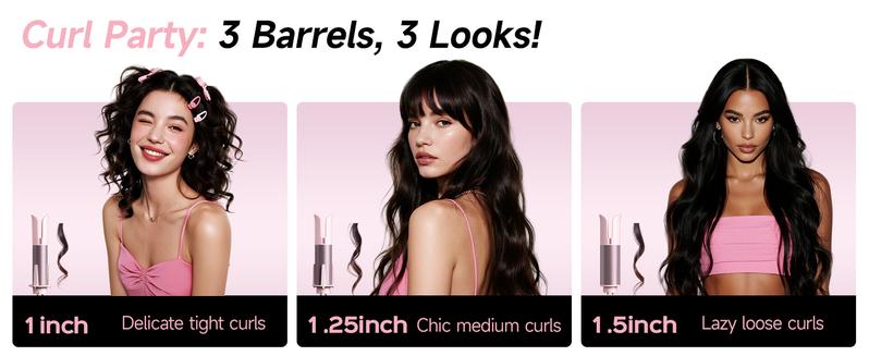 3 in 1 Automatic Curling Iron with 3 Curling Barrels 1" - 1.25" - 1.5" Rotating Iron 3 Temp Settings 10S Fast Heating Anti-Scald Dual Voltage Pink Hair Styling Tool Handle Gift